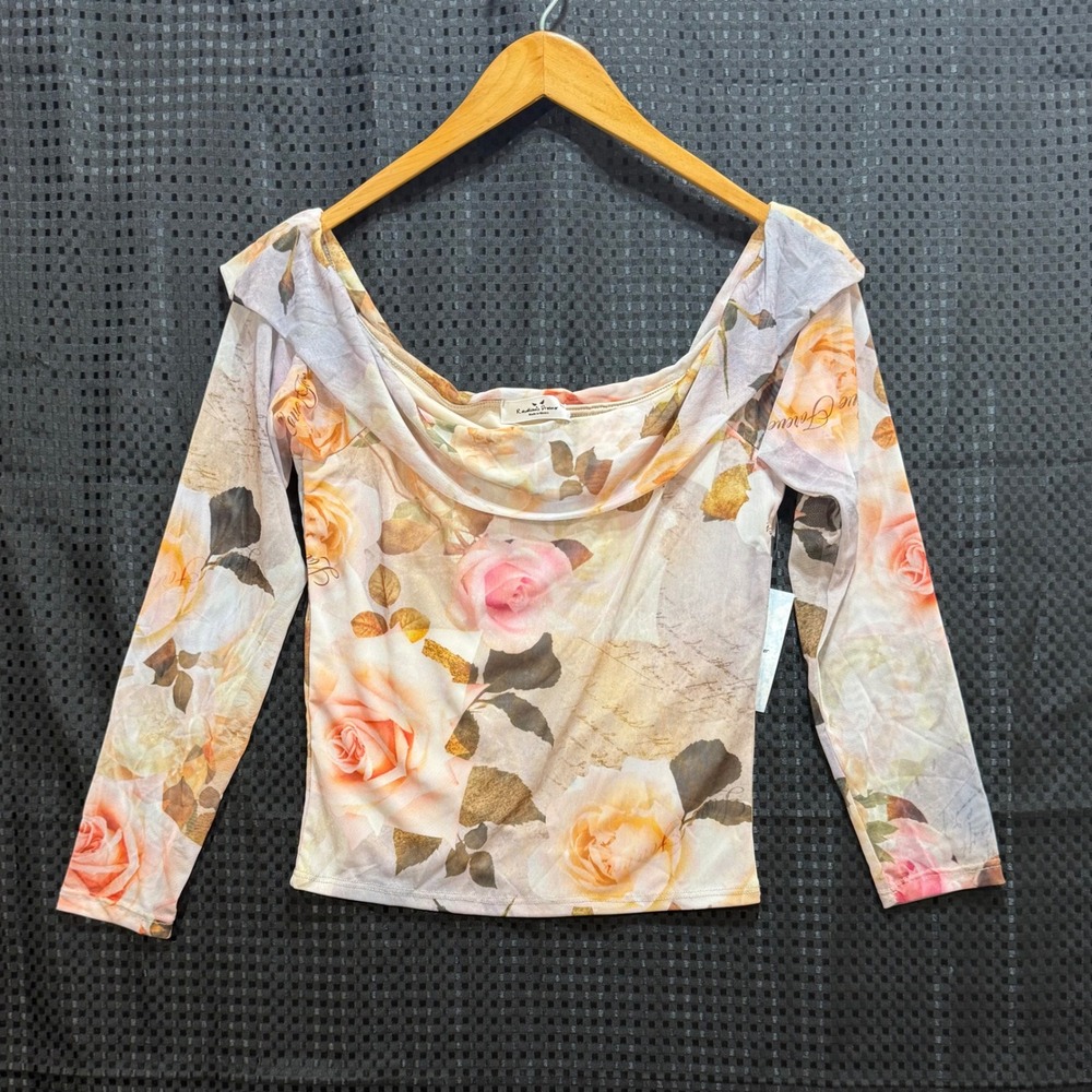 Rebellious Dreamer Mesh Floral Top Womens M Multicolor Rose Cowl‎ Neck Coquette